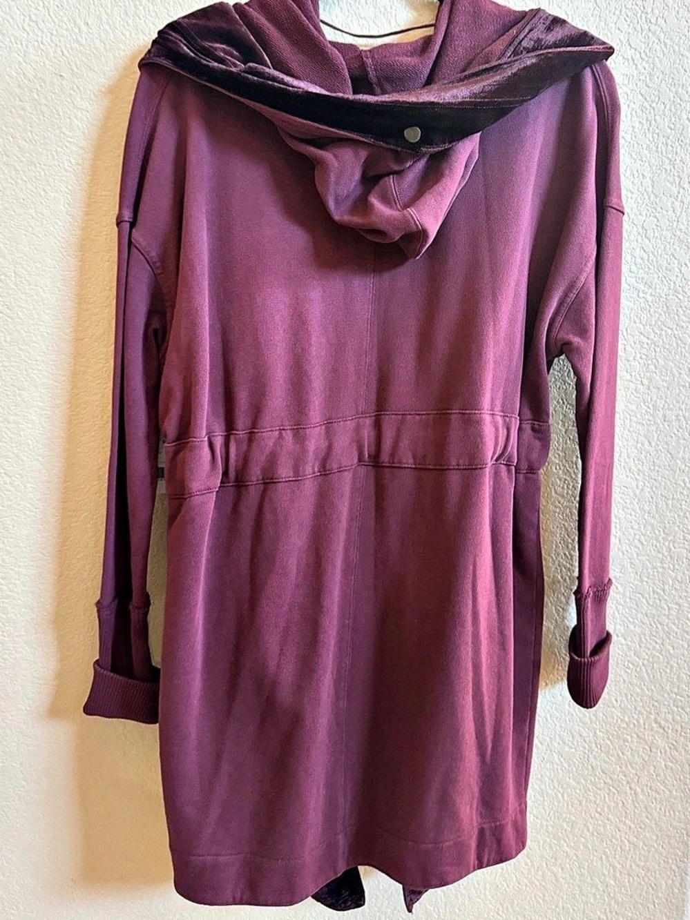 Free People Dark Berry Velvet Trim Hooded Cardigan Jacket NWT Size S - Picture 16 of 16